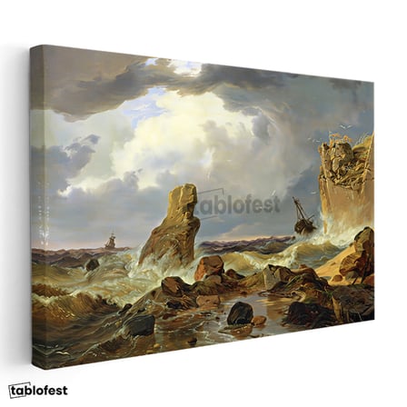 Yatay Kanvas Tablo C.D. Friedrich Batık Gemi Fırtınalı Deniz Kayalık Ressam Tablosu Ev Ofis Dekoru