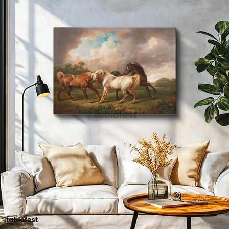 Yatay Kanvas Tablo George Stubbs Dört At Fırtınalı Bulutlar Manzarası Ressam Tablosu Duvar Dekoru