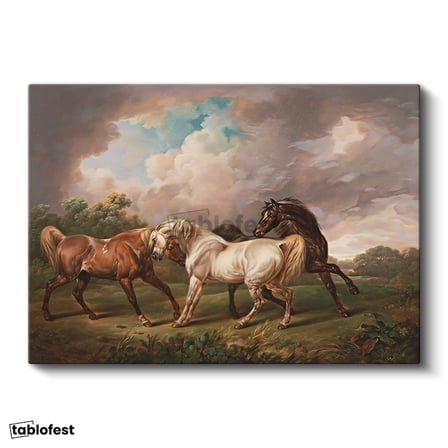 Yatay Kanvas Tablo George Stubbs Dört At Fırtınalı Bulutlar Manzarası Ressam Tablosu Duvar Dekoru