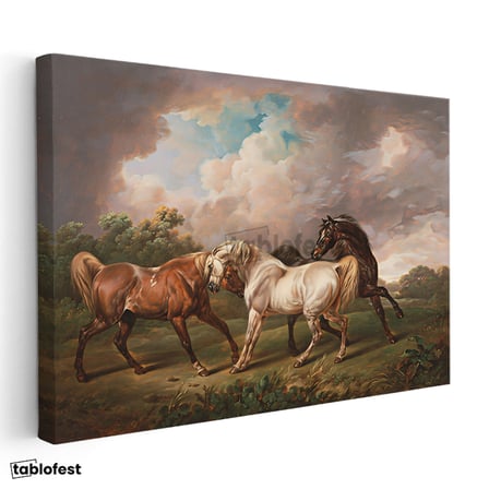 Yatay Kanvas Tablo George Stubbs Dört At Fırtınalı Bulutlar Manzarası Ressam Tablosu Duvar Dekoru