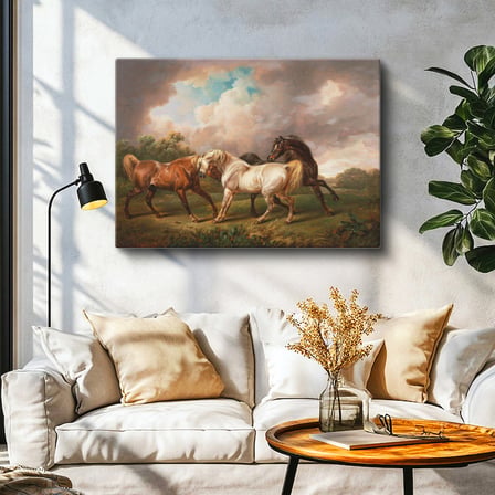 Yatay Kanvas Tablo George Stubbs Dört At Fırtınalı Bulutlar Manzarası Ressam Tablosu Duvar Dekoru