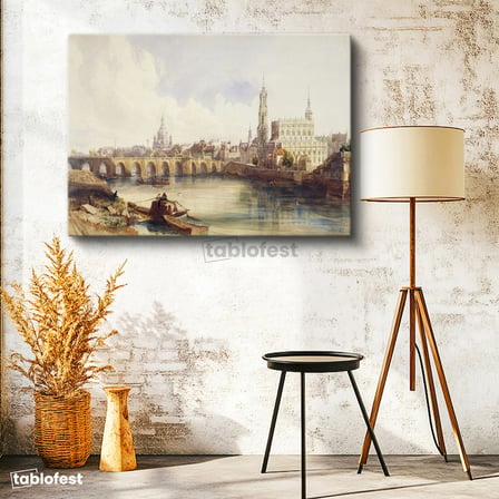 Yatay Kanvas Tablo William Callow Dresden Köprüsü Nehir Manzarası Ressam Tablosu Duvar Dekoru