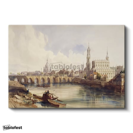 Yatay Kanvas Tablo William Callow Dresden Köprüsü Nehir Manzarası Ressam Tablosu Duvar Dekoru