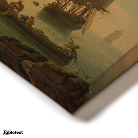 Yatay Kanvas Tablo C.J. Vernet Sakin Liman Manzarası Kale Figürleri Ressam Tablosu Duvar Dekoru