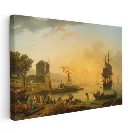 Yatay Kanvas Tablo C.J. Vernet Sakin Liman Manzarası Kale Figürleri Ressam Tablosu Duvar Dekoru