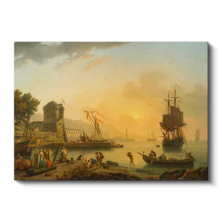 Yatay Kanvas Tablo C.J. Vernet Sakin Liman Manzarası Kale Figürleri Ressam Tablosu Duvar Dekoru