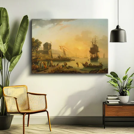 Yatay Kanvas Tablo C.J. Vernet Sakin Liman Manzarası Kale Figürleri Ressam Tablosu Duvar Dekoru