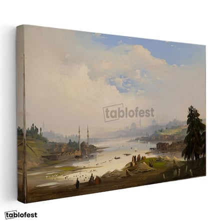 Yatay Kanvas Tablo Ippolito Caffi Haliç Manzarası Kıyıda Çadırlar Ressam Tablosu Duvar Dekoru