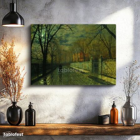 Yatay Kanvas Tablo J.A. Grimshaw Yağmurlu Yol Gece Mehtaplı Figürler Ressam Tablosu Ev Ofis Dekoru