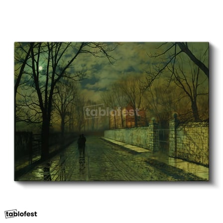 Yatay Kanvas Tablo J.A. Grimshaw Yağmurlu Yol Gece Mehtaplı Figürler Ressam Tablosu Ev Ofis Dekoru