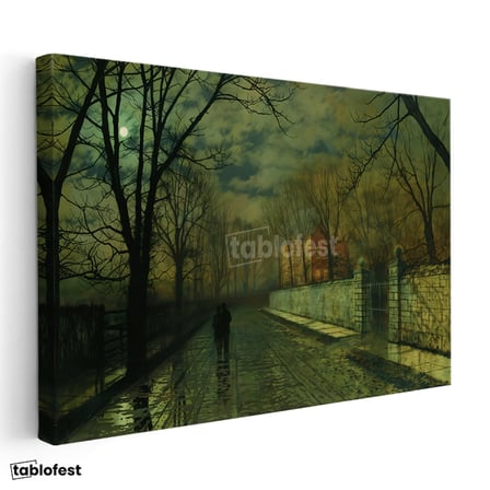 Yatay Kanvas Tablo J.A. Grimshaw Yağmurlu Yol Gece Mehtaplı Figürler Ressam Tablosu Ev Ofis Dekoru