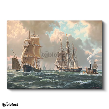 Yatay Kanvas Tablo John Stobart Denizde Yelkenliler Buharlı Ressam Tablosu Ev Ofis Duvar Dekoru