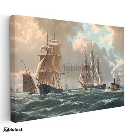 Yatay Kanvas Tablo John Stobart Denizde Yelkenliler Buharlı Ressam Tablosu Ev Ofis Duvar Dekoru