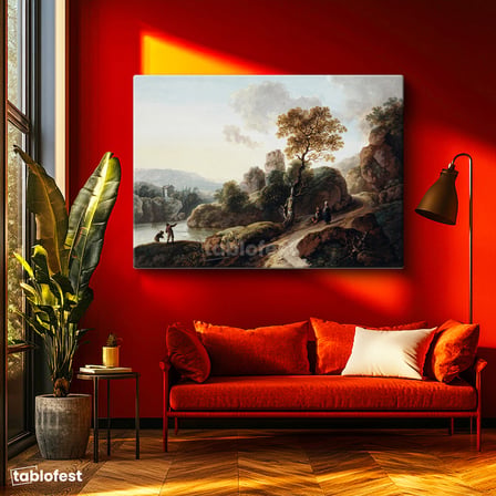 Yatay Kanvas Tablo C.J. Vernet Balıkçı ve Harabe Kuleli Köy Manzarası Ressam Tablosu Duvar Dekoru