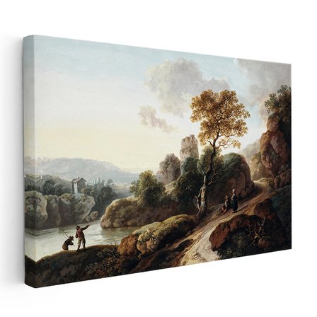 Yatay Kanvas Tablo C.J. Vernet Balıkçı ve Harabe Kuleli Köy Manzarası Ressam Tablosu Duvar Dekoru