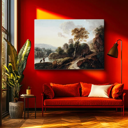Yatay Kanvas Tablo C.J. Vernet Balıkçı ve Harabe Kuleli Köy Manzarası Ressam Tablosu Duvar Dekoru
