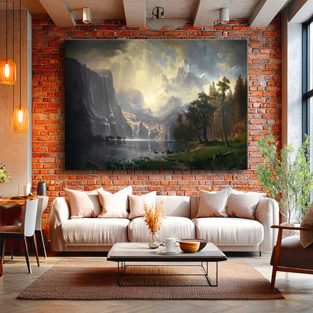 Yatay Kanvas Tablo Albert Bierstadt Yosemite Vadisi Şelale ve Göl Işık Ressam Tablosu Ev Ofis Dekoru