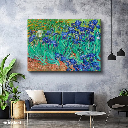 Yatay Kanvas Tablo Vincent van Gogh İris Çiçekleri Bahçe Mavi Ressam Tablosu Ev Ofis Duvar Dekoru