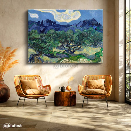 Yatay Kanvas Tablo Van Gogh Zeytin Ağaçları Mavi Dağlar Bulutlu Ressam Tablosu Ev Ofis Duvar Dekoru