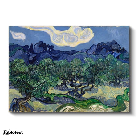 Yatay Kanvas Tablo Van Gogh Zeytin Ağaçları Mavi Dağlar Bulutlu Ressam Tablosu Ev Ofis Duvar Dekoru