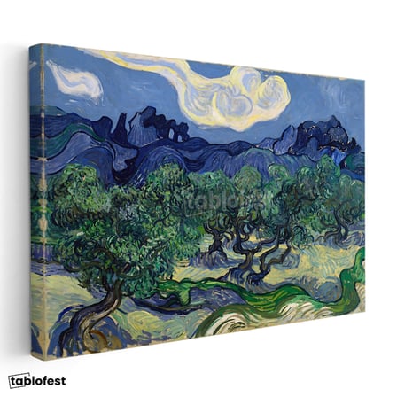 Yatay Kanvas Tablo Van Gogh Zeytin Ağaçları Mavi Dağlar Bulutlu Ressam Tablosu Ev Ofis Duvar Dekoru