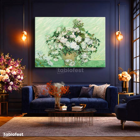 Yatay Kanvas Tablo Van Gogh Beyaz Güller Vazo Çiçekli Natürmort Ressam Tablosu Ev Ofis Duvar Dekoru