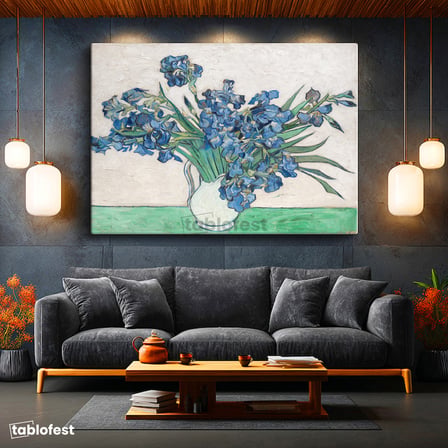 Yatay Kanvas Tablo Van Gogh Beyaz Vazoda Mavi İrisler Ressam Tablosu Ev Ofis Duvar Dekoru