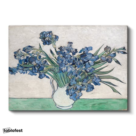 Yatay Kanvas Tablo Van Gogh Beyaz Vazoda Mavi İrisler Ressam Tablosu Ev Ofis Duvar Dekoru