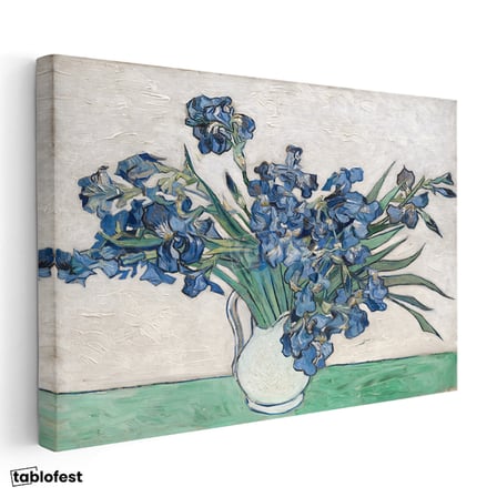 Yatay Kanvas Tablo Van Gogh Beyaz Vazoda Mavi İrisler Ressam Tablosu Ev Ofis Duvar Dekoru