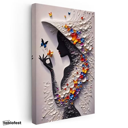 Dikey Kanvas Tablo Kelebek Şapkalı Kadın Modern Sanat Tablosu Ev Ofis Duvar Dekoru
