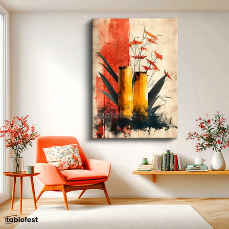 Dikey Kanvas Tablo Bambu ve Yaprak Modern Botanik Tablo Ev Ofis Duvar Dekoru