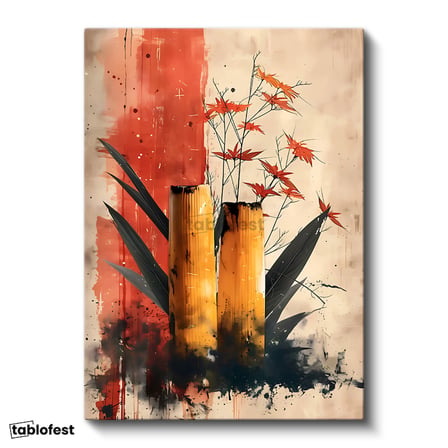 Dikey Kanvas Tablo Bambu ve Yaprak Modern Botanik Tablo Ev Ofis Duvar Dekoru