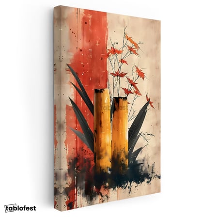 Dikey Kanvas Tablo Bambu ve Yaprak Modern Botanik Tablo Ev Ofis Duvar Dekoru