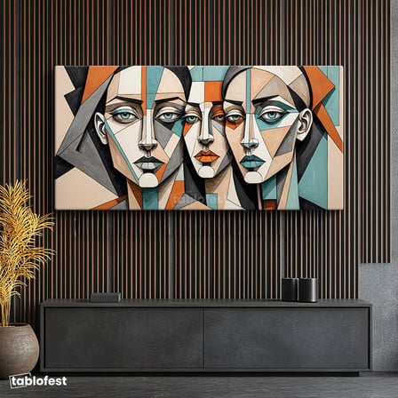 Yatay Panoramik Kanvas Tablo Kübizm Yüzler Sanat Tablosu Ev Ofis Duvar Dekoru