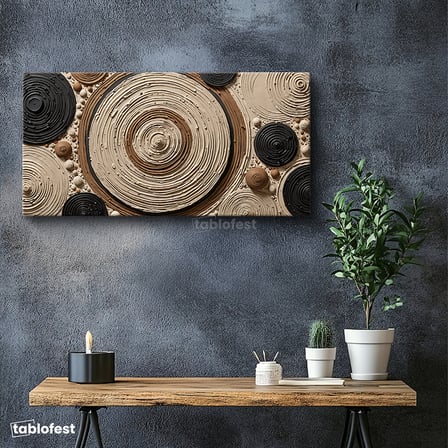 Yatay Panoramik Kanvas Tablo Soyut Daireler Kabartma Görünümlü Soyut Tablo Ev Ofis Duvar Dekoru