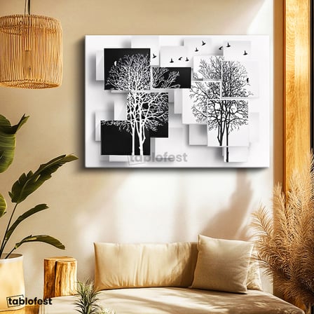 Yatay Kanvas Tablo Kuş ve Ağaç Silüetleri Modern Sanat Tablosu Ev Ofis Duvar Dekoru