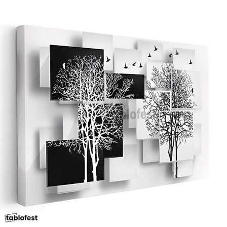 Yatay Kanvas Tablo Kuş ve Ağaç Silüetleri Modern Sanat Tablosu Ev Ofis Duvar Dekoru