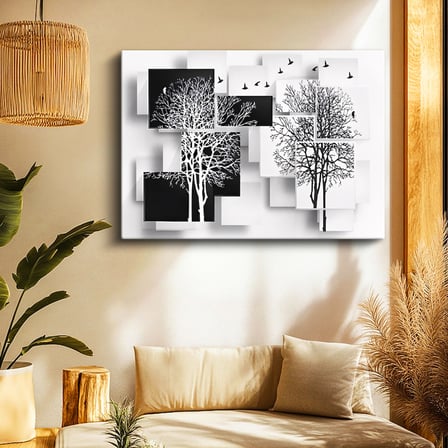 Yatay Kanvas Tablo Kuş ve Ağaç Silüetleri Modern Sanat Tablosu Ev Ofis Duvar Dekoru