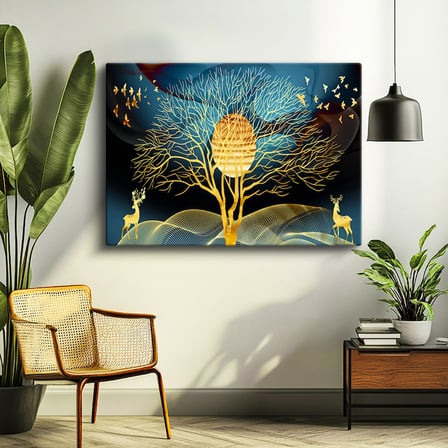 Yatay Kanvas Tablo Altın Ağaç Ve Geyik Silüeti Modern Sanat Tablosu Ev Ofis Duvar Dekoru