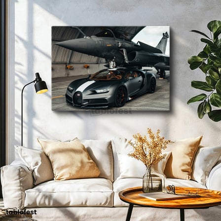 Yatay Kanvas Tablo Bugatti Chiron Sport ve Rafale Savaş Jeti Bugatti Tablosu Ev Ofis Duvar Dekoru