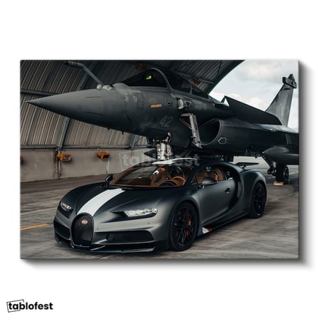 Yatay Kanvas Tablo Bugatti Chiron Sport ve Rafale Savaş Jeti Bugatti Tablosu Ev Ofis Duvar Dekoru