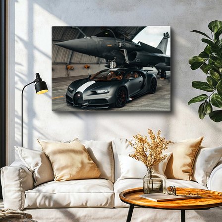Yatay Kanvas Tablo Bugatti Chiron Sport ve Rafale Savaş Jeti Bugatti Tablosu Ev Ofis Duvar Dekoru