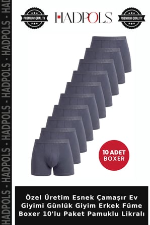 Özel Üretim Esnek Çamaşır Ev Giyimi Günlük Giyim Erkek Füme Boxer 10'lu Paket Pamuklu Likralı
