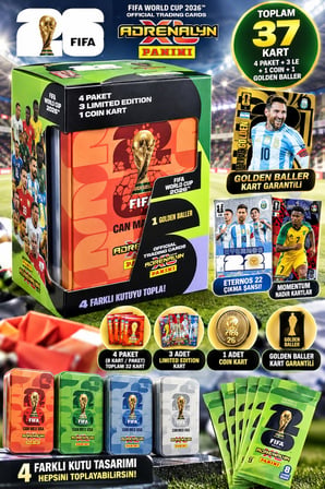 Panini FIFA 2026 Dünya Kupası 1 Golden Baller 3 L.E. Kart Toplam 37 Metal Kutulu Futbolcu Kartı Turn