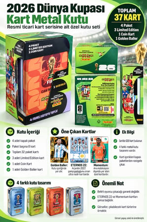 Panini FIFA 2026 Dünya Kupası 1 Golden Baller 3 L.E. Kart Toplam 37 Metal Kutulu Futbolcu Kartı Turn