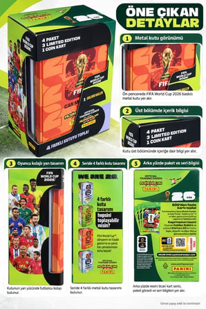 Panini FIFA 2026 Dünya Kupası 1 Golden Baller 3 L.E. Kart Toplam 37 Metal Kutulu Futbolcu Kartı Turn