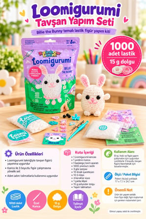 Rainbow Loom Loomigurumi Tavşan Yapım Seti 1000 Lastik Amigurumi Hobi Kiti A0222