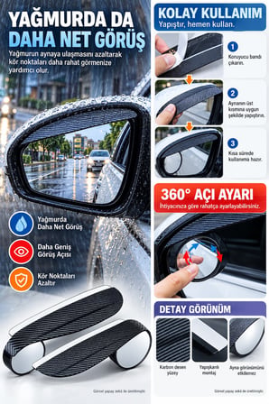 Araç Yan Ayna Yağmur Siperliği Kör Nokta Aynası 360° Ayarlı Karbon Desenli 2'li Set