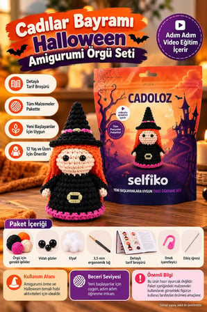 SELFIKO Cadoloz Cadılar Bayramı Halloween Amigurumi Örgü Seti Cadı Figürü Videolu Başlangıç Hobi Kit