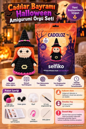 SELFIKO Cadoloz Cadılar Bayramı Halloween Amigurumi Örgü Seti Cadı Figürü Videolu Başlangıç Hobi Kit